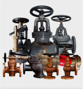 multiple marine valves with material such as bronze, iron, steel